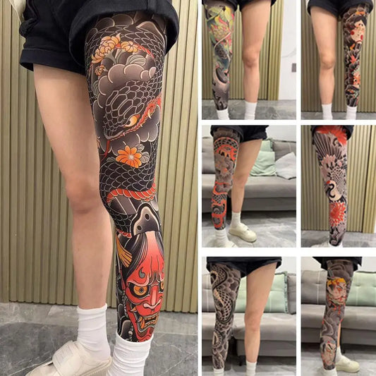 Collage de varios diseños de manga de pierna tatuaje INKWEAR: koi, grulla, serpiente, samurái, diablo y dragón